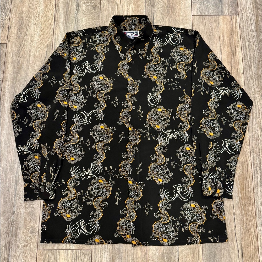 Men’s Vintage Y2K South Pole Dragon AOP Long Sleeve Button Down Top Size XL